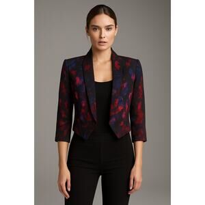 Bebe Watercolor Floral Cropped Open Front Tuxedo Blazer (Size M)